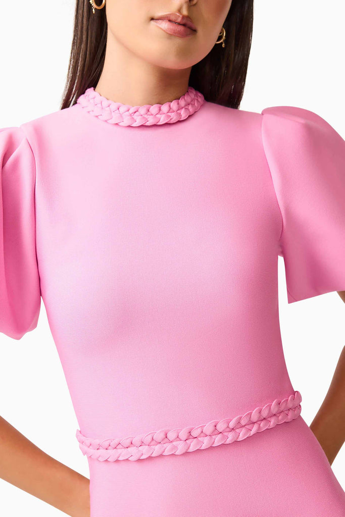 Coralene Puff Sleeve Midi Dress in Pink