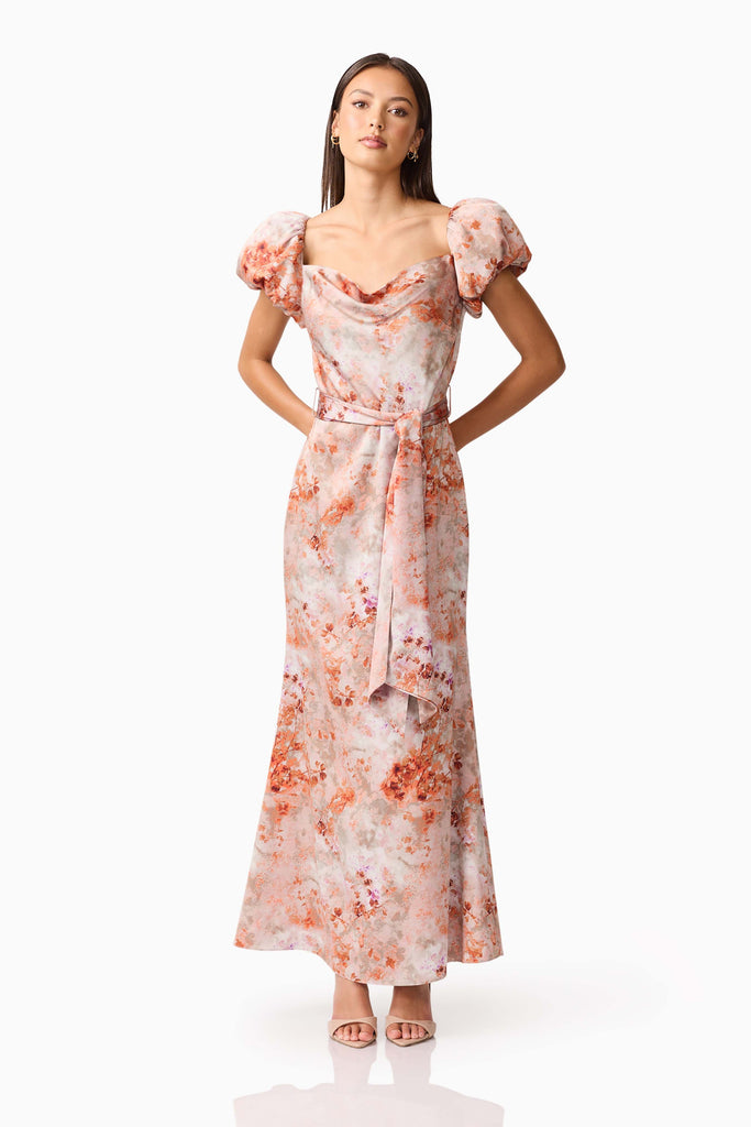 Piper Puff Sleeve Maxi Dress in Orange Floral
