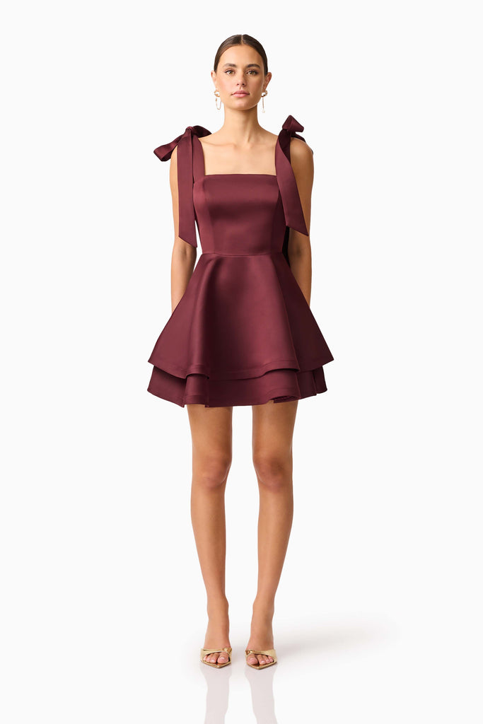 Livia Tiered Mini Dress in Burgundy