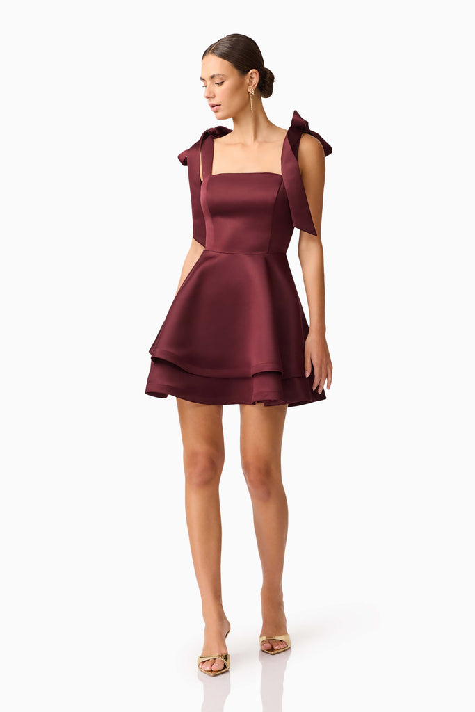 Livia Tiered Mini Dress in Burgundy