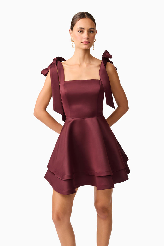 Livia Tiered Mini Dress in Burgundy