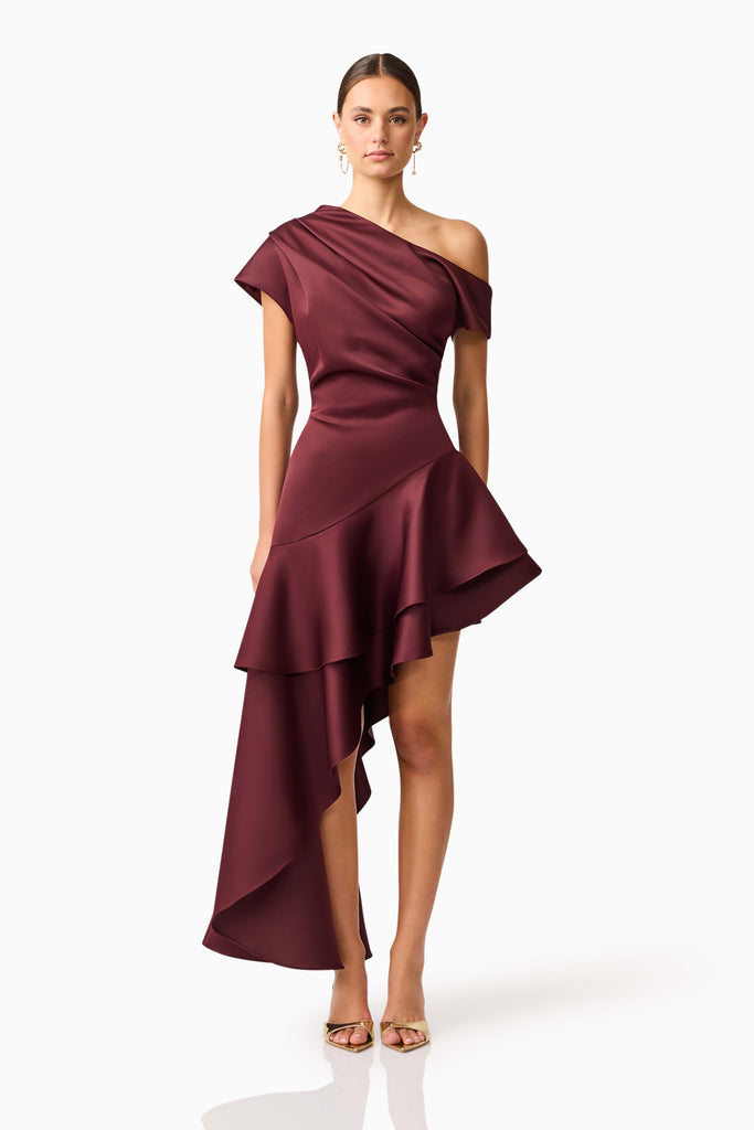 Livia Asymmetrical Gown in Burgundy