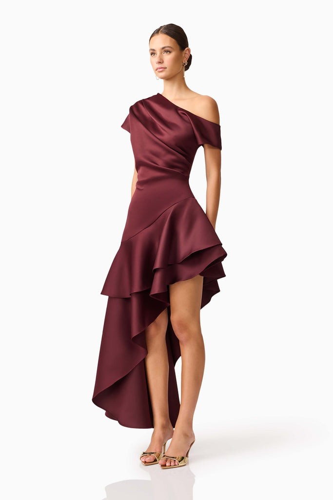 Livia Asymmetrical Gown in Burgundy