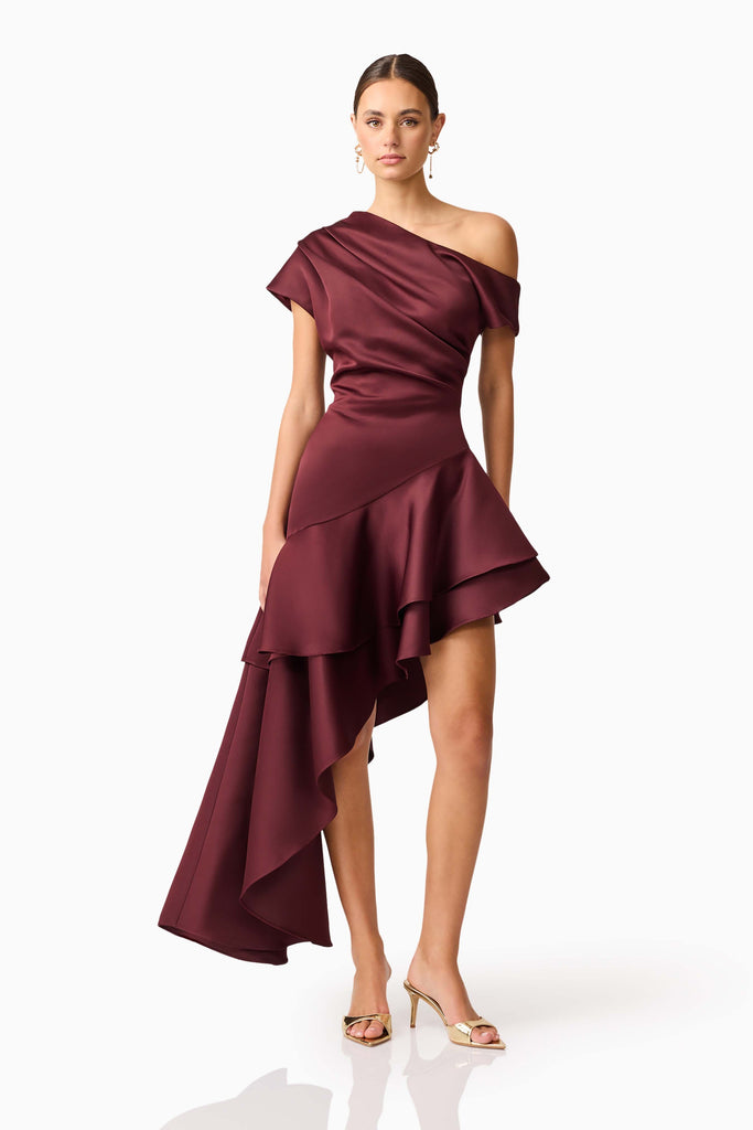 Livia Asymmetrical Gown in Burgundy