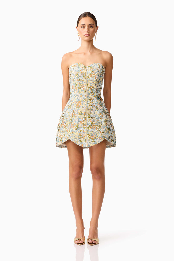 Tasmin Strapless Mini Dress in Blue & Yellow Floral