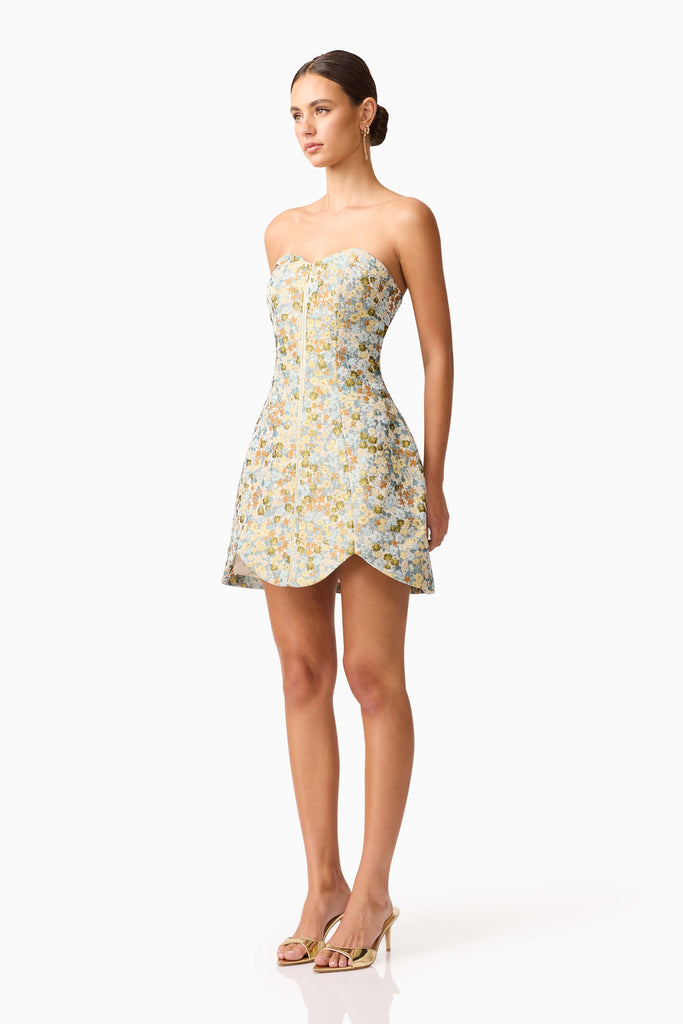 Tasmin Strapless Mini Dress in Blue & Yellow Floral