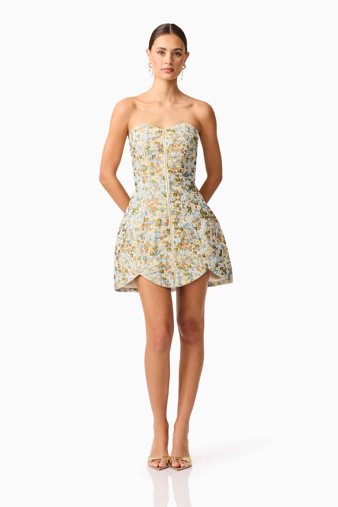 Tasmin Strapless Mini Dress in Blue & Yellow Floral