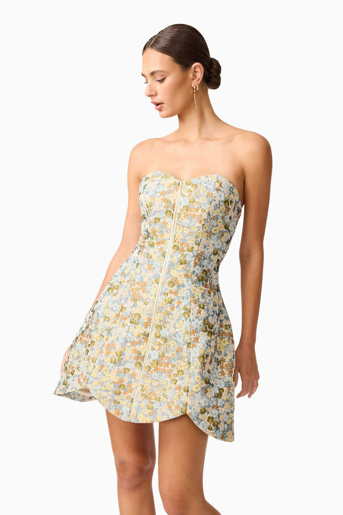 Tasmin Strapless Mini Dress in Blue & Yellow Floral