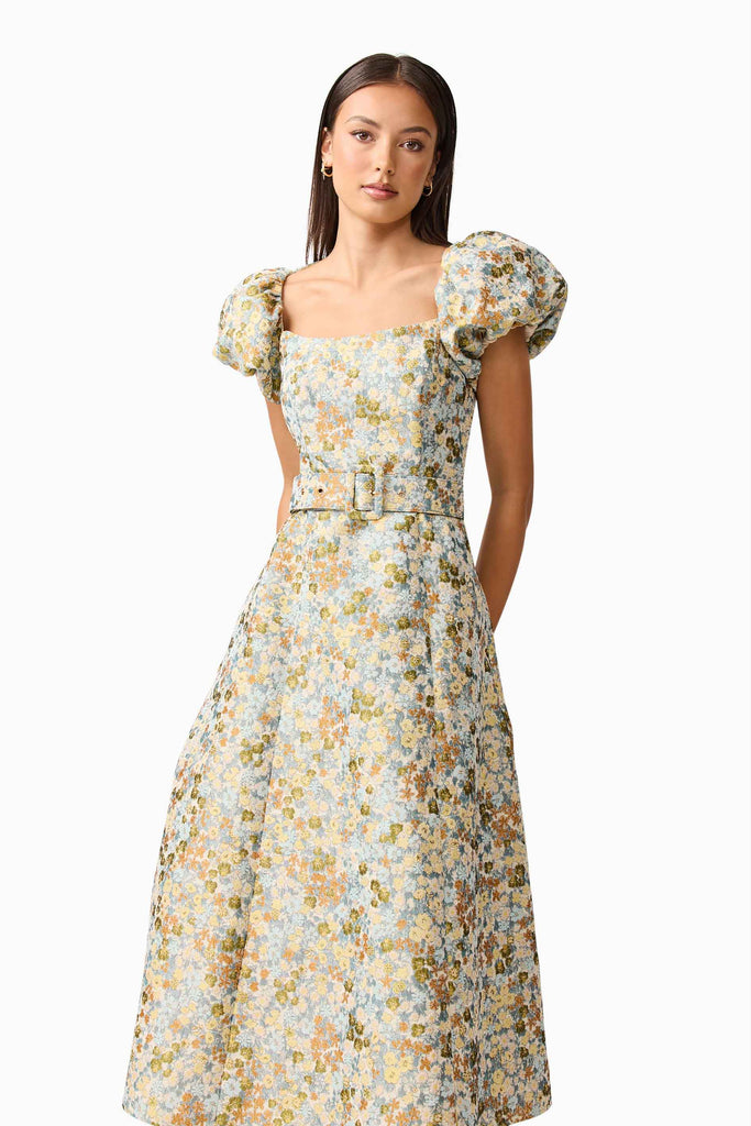 Tasmin Puff Sleeve Midi Dress in Blue & Yellow Floral
