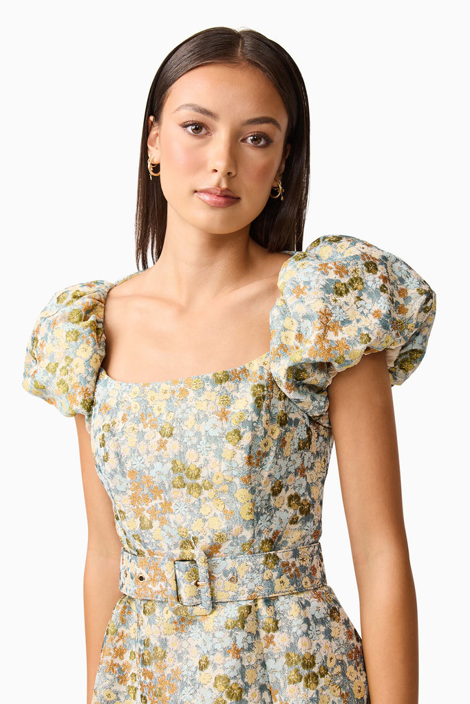 Tasmin Puff Sleeve Midi Dress in Blue & Yellow Floral