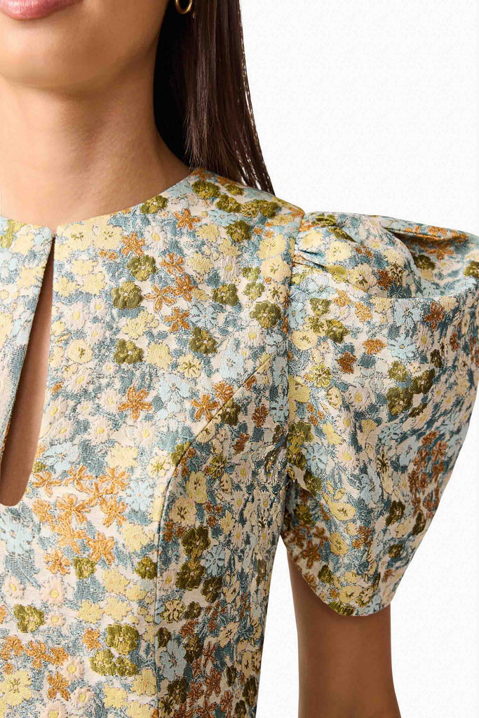 Tasmin Puff Sleeve Midi Dress in Blue & Yellow Floral