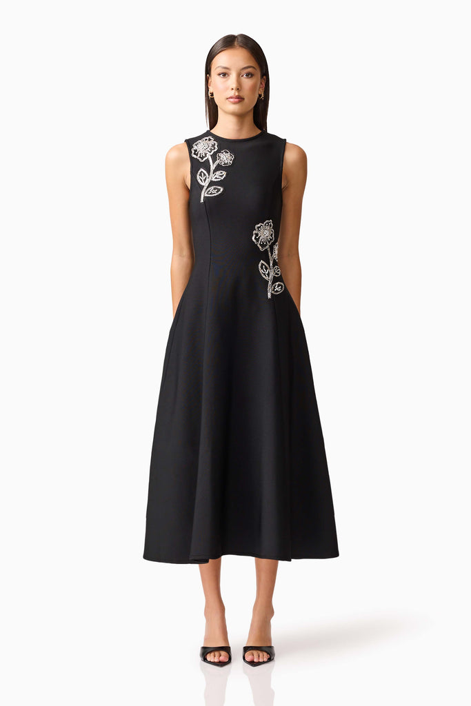 Soleil A-Line Midi Dress in Black