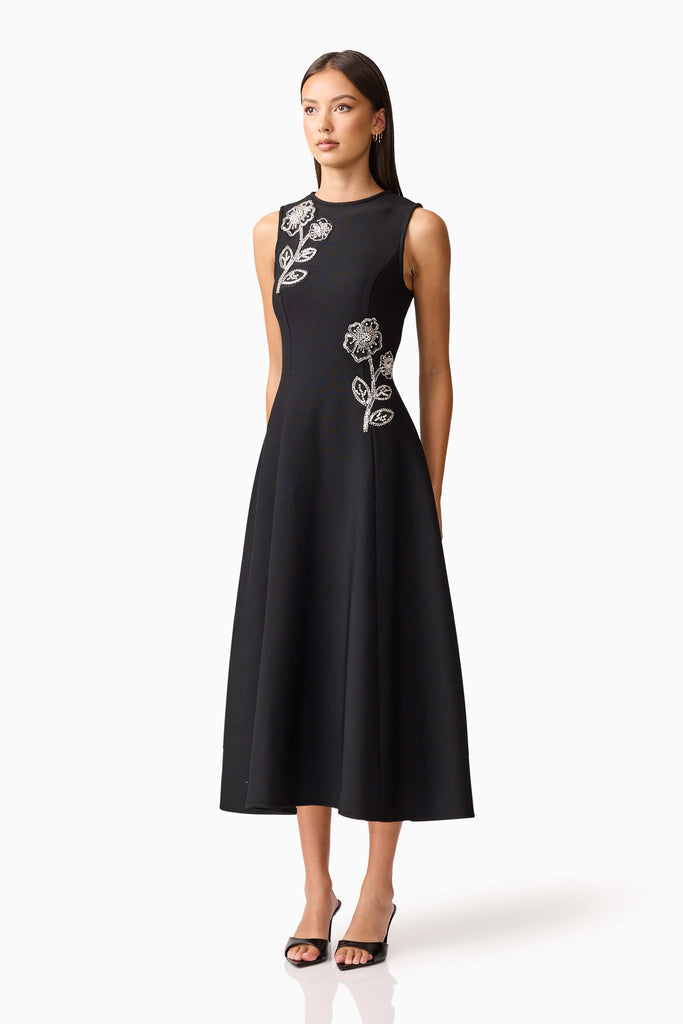 Soleil A-Line Midi Dress in Black