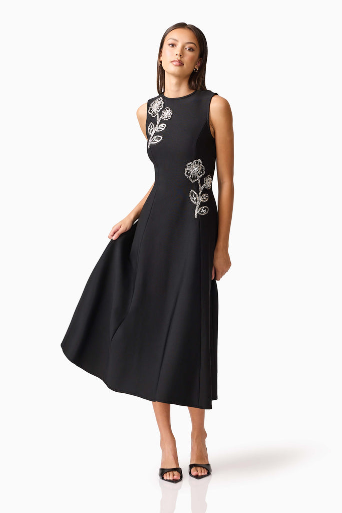 Soleil A-Line Midi Dress in Black
