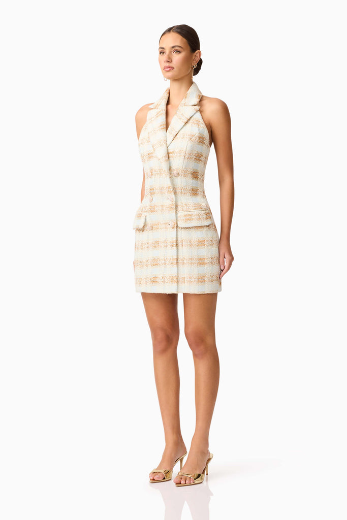 Ashlyn Halter Tweed Mini Dress in White & Gold