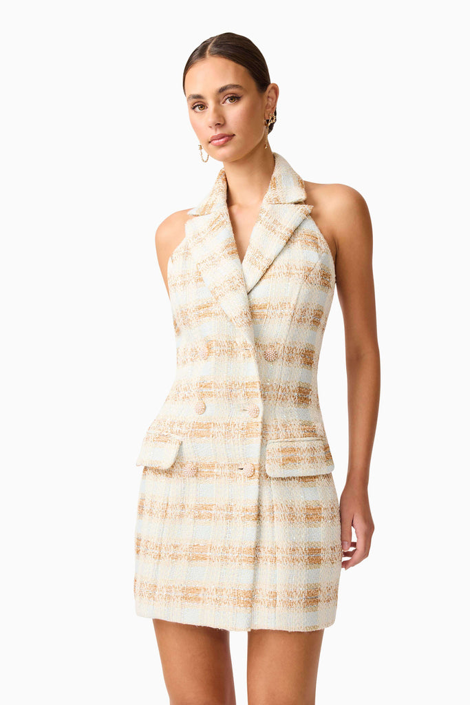 Ashlyn Halter Tweed Mini Dress in White & Gold