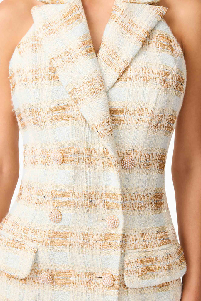 Ashlyn Halter Tweed Mini Dress in White & Gold