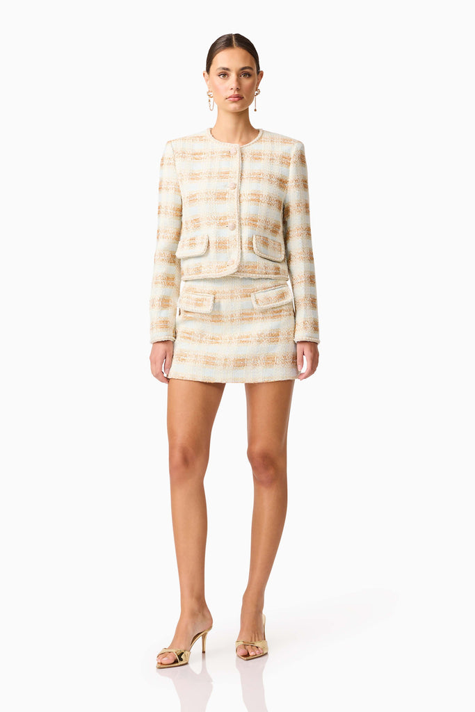 Ashlyn Long Sleeve Tweed Set in White & Gold