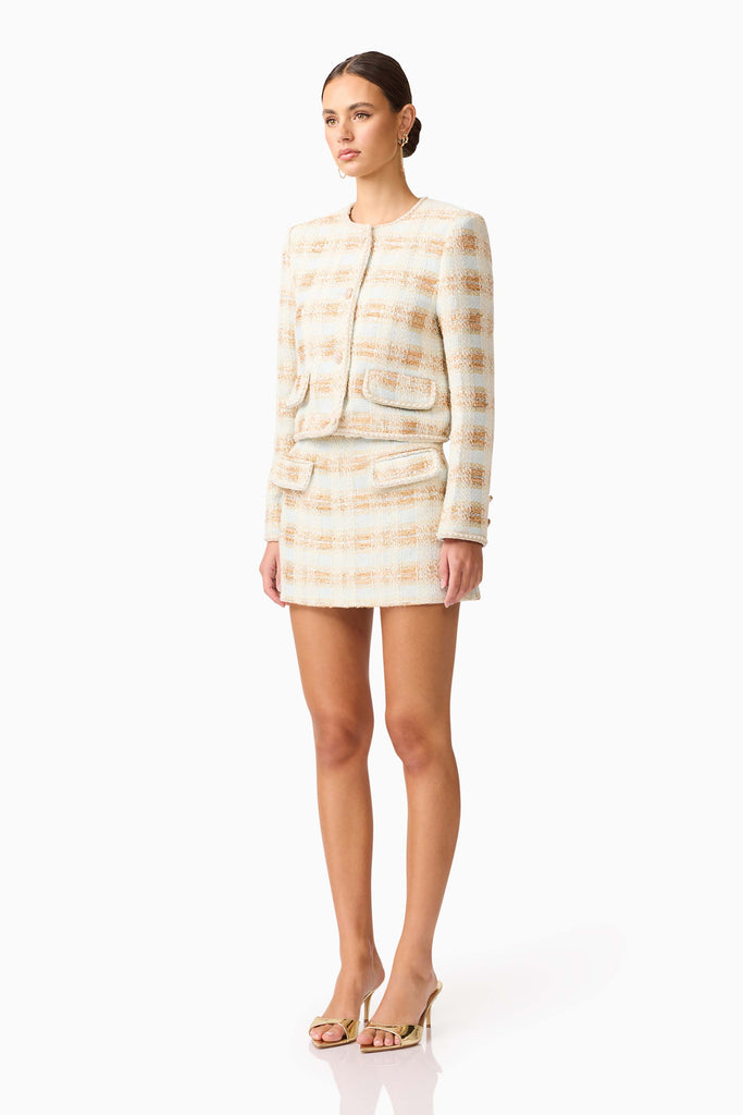 Ashlyn Long Sleeve Tweed Set in White & Gold