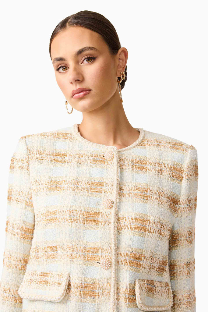 Ashlyn Long Sleeve Tweed Set in White & Gold