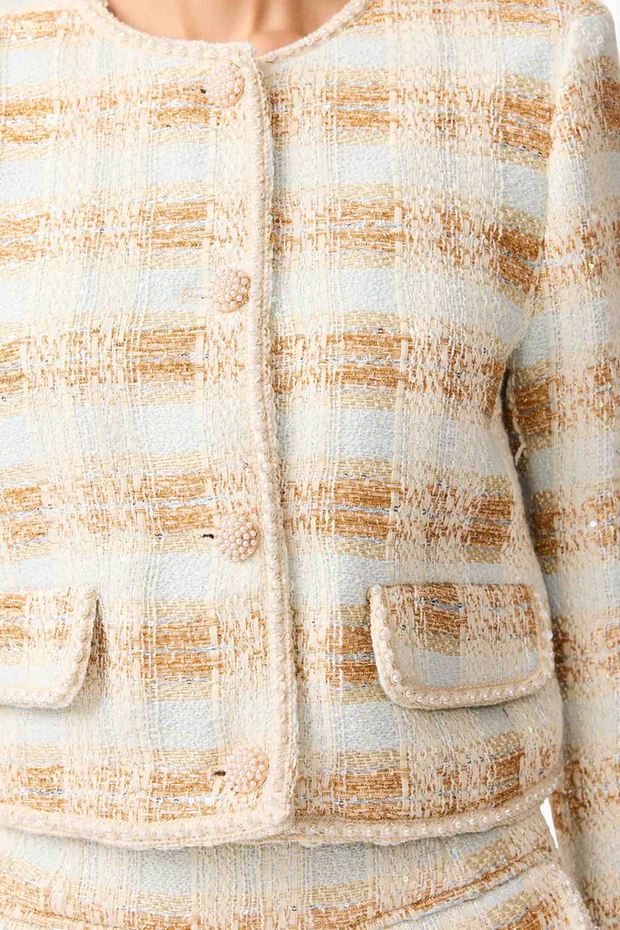 Ashlyn Long Sleeve Tweed Set in White & Gold