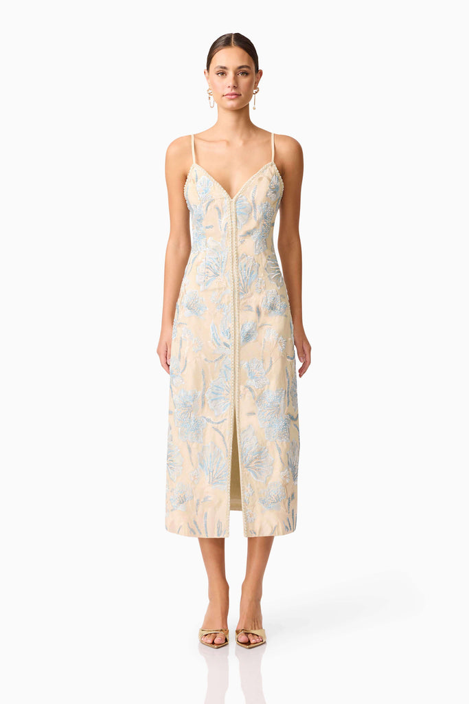 Nia Embroidered Midi Dress in Biege