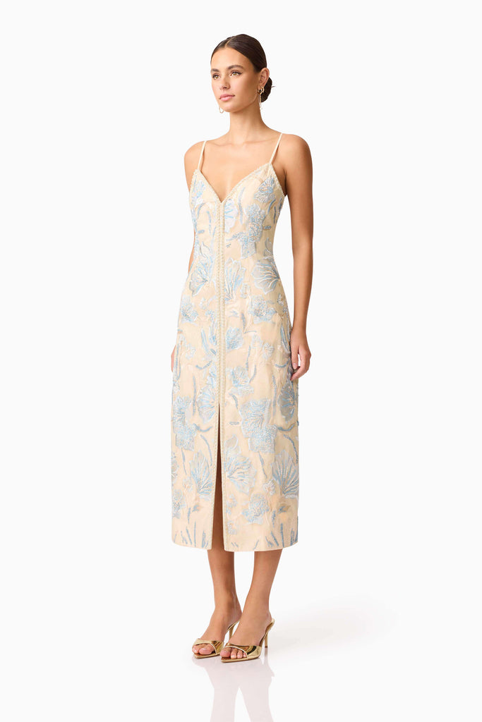 Nia Embroidered Midi Dress in Biege