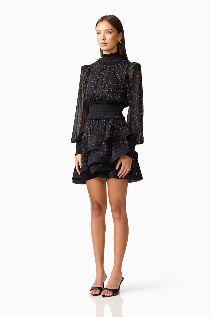 Moss Long Sleeve Embellished Mini Dress in Black