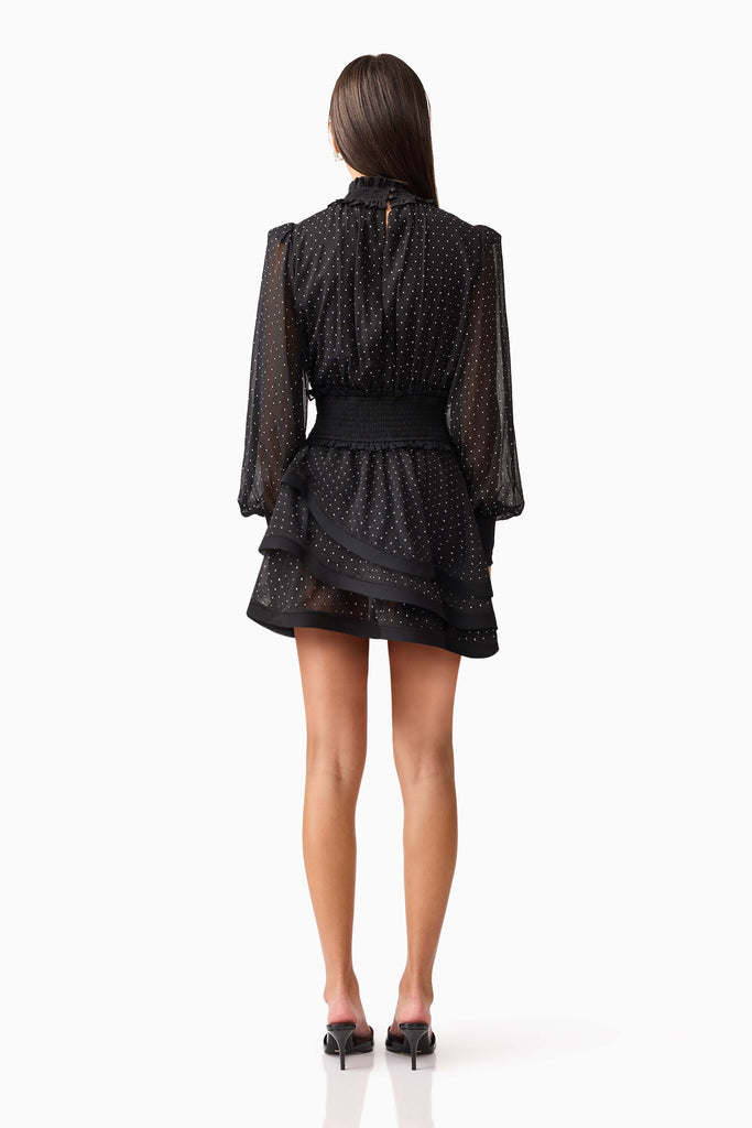 Moss Long Sleeve Embellished Mini Dress in Black