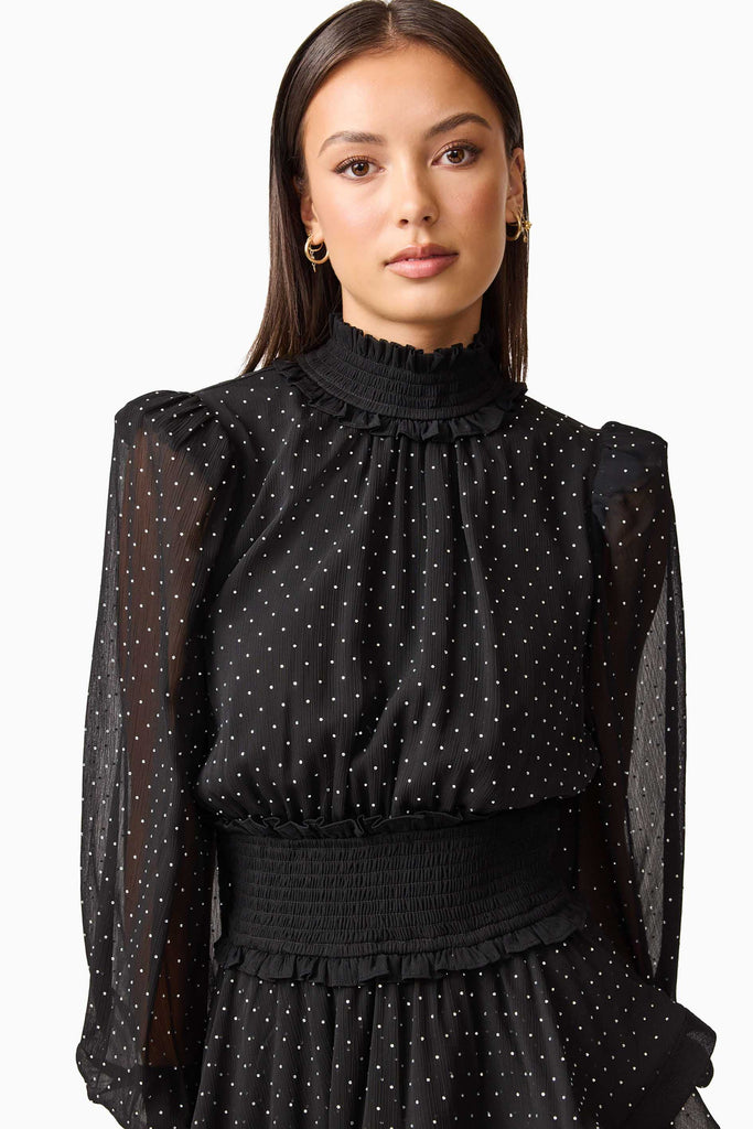 Moss Long Sleeve Embellished Mini Dress in Black