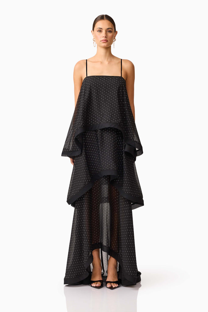 Moss Tiered Embellished Gown in Black