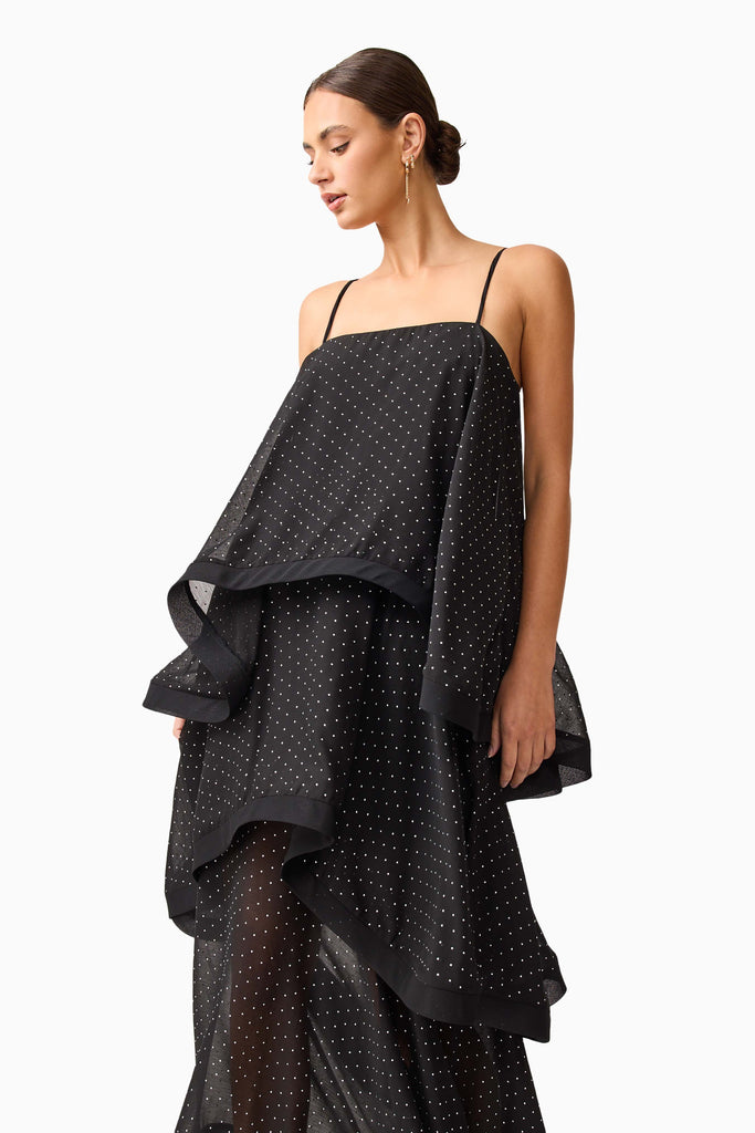 Moss Tiered Embellished Gown in Black