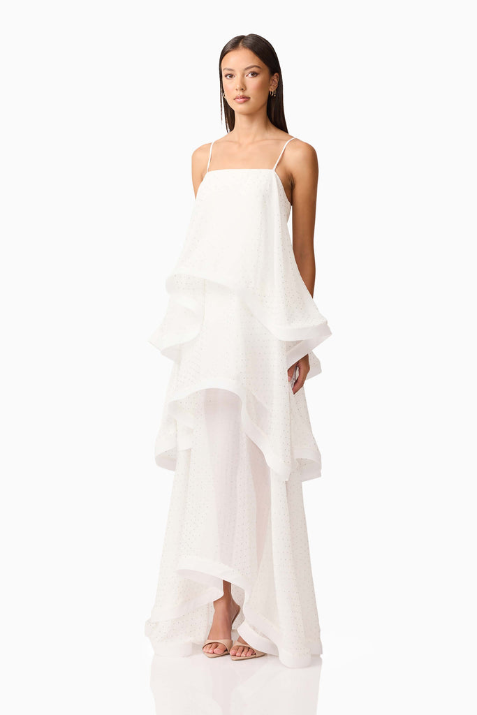 Moss Tiered Embellished Gown in White