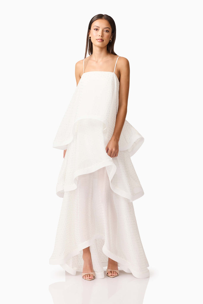 Moss Tiered Embellished Gown in White
