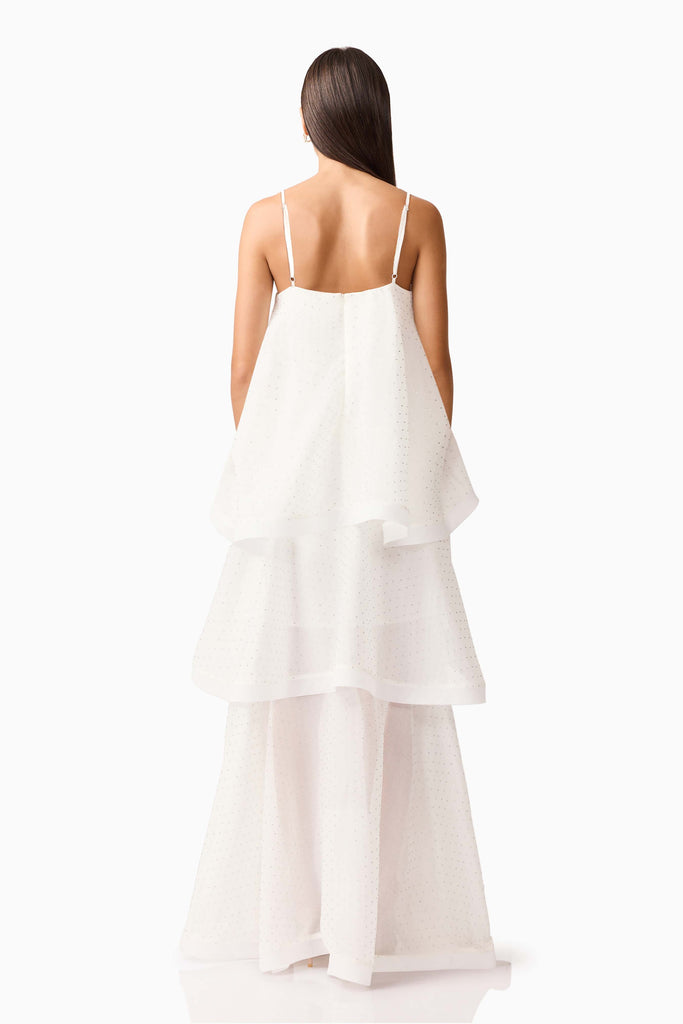 Moss Tiered Embellished Gown in White