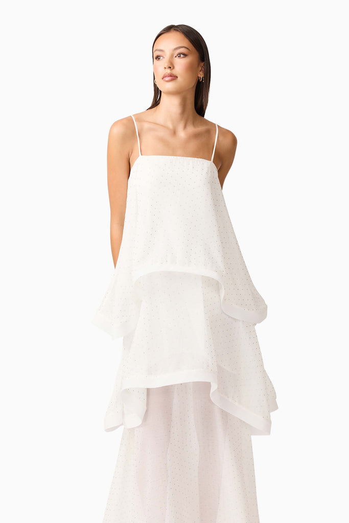 Moss Tiered Embellished Gown in White