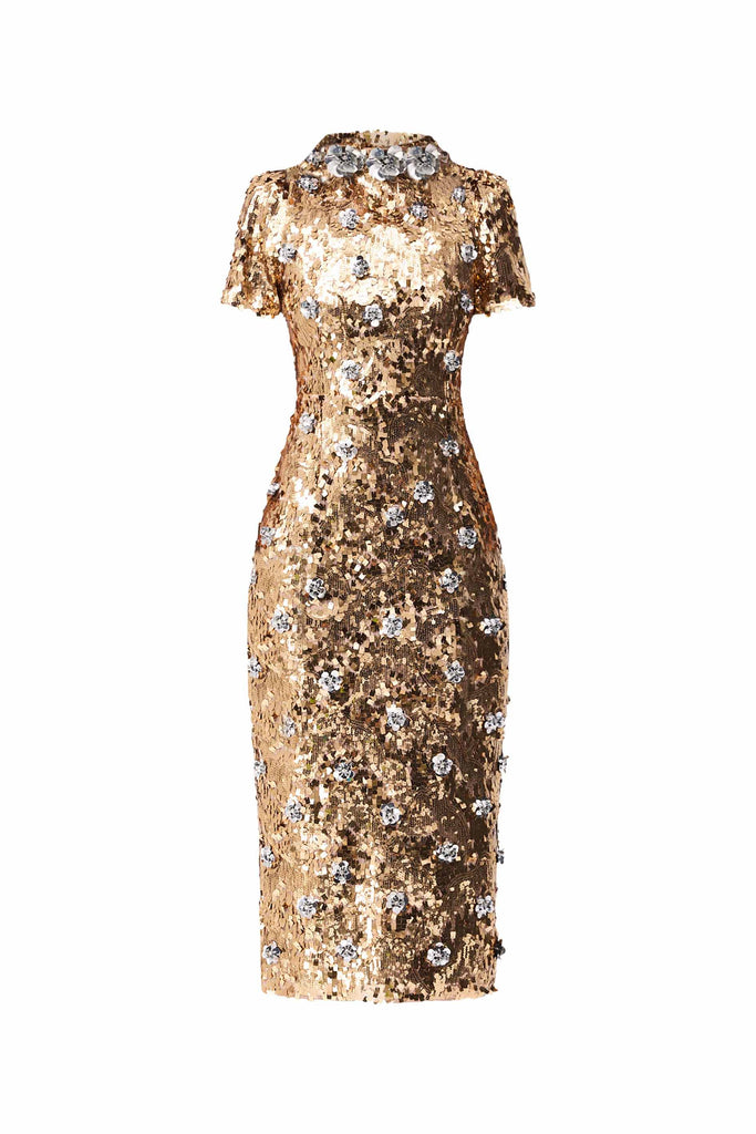 Noelle Sequin Short Sleeve Midi Dress in Gold