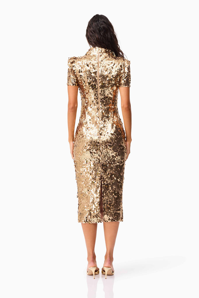 Noelle Sequin Short Sleeve Midi Dress in Gold
