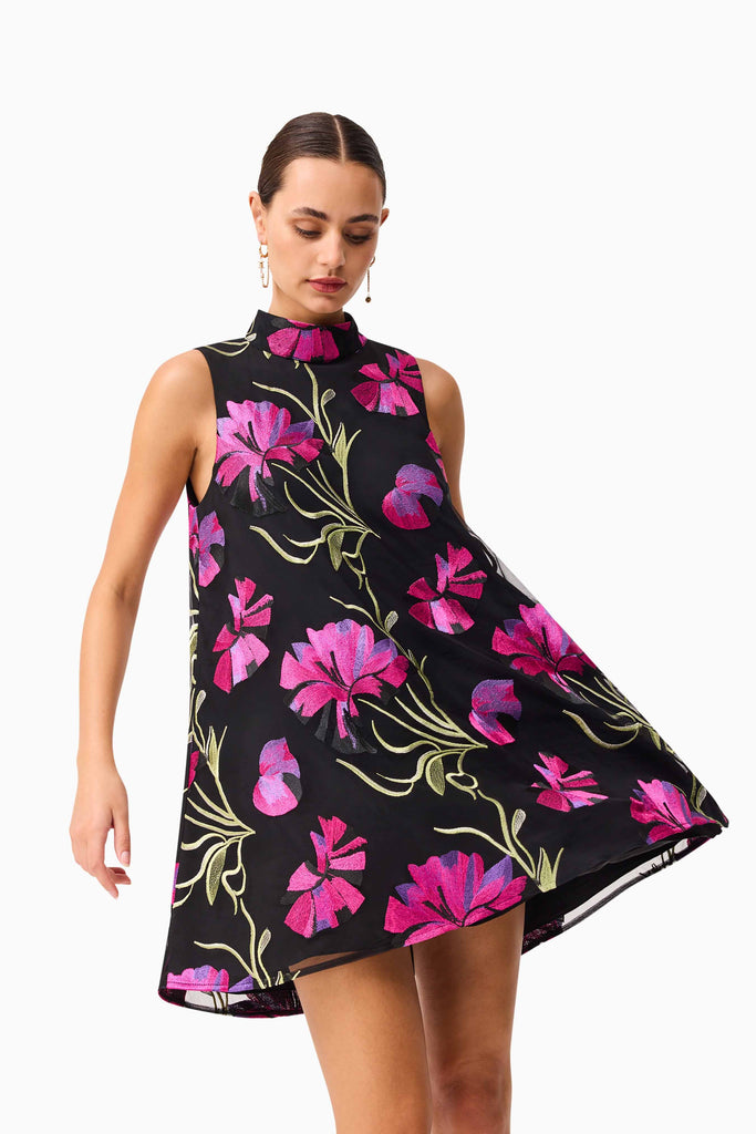 Amaya High Neck Mini Dress in Black & Pink Floral