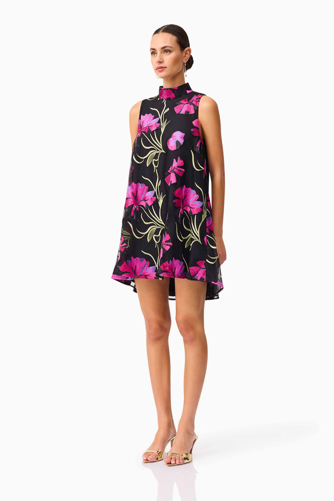 Amaya High Neck Mini Dress in Black & Pink Floral