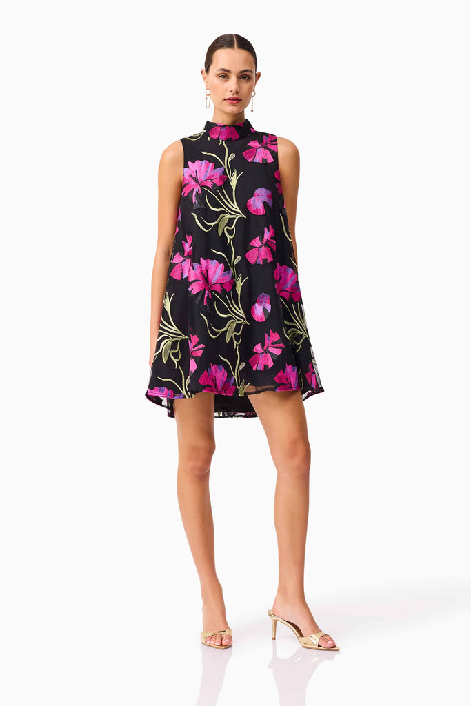 Amaya High Neck Mini Dress in Black & Pink Floral