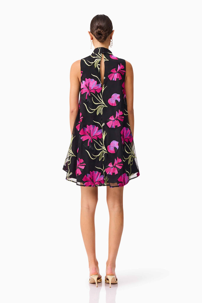 Amaya High Neck Mini Dress in Black & Pink Floral
