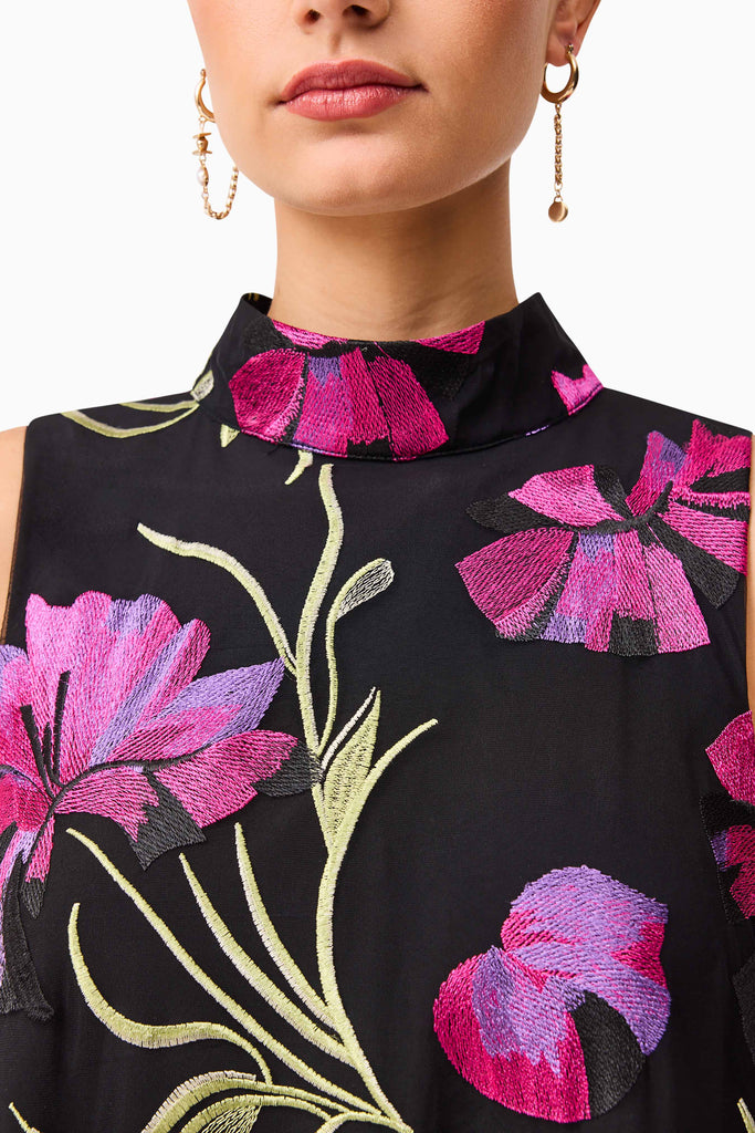 Amaya High Neck Mini Dress in Black & Pink Floral