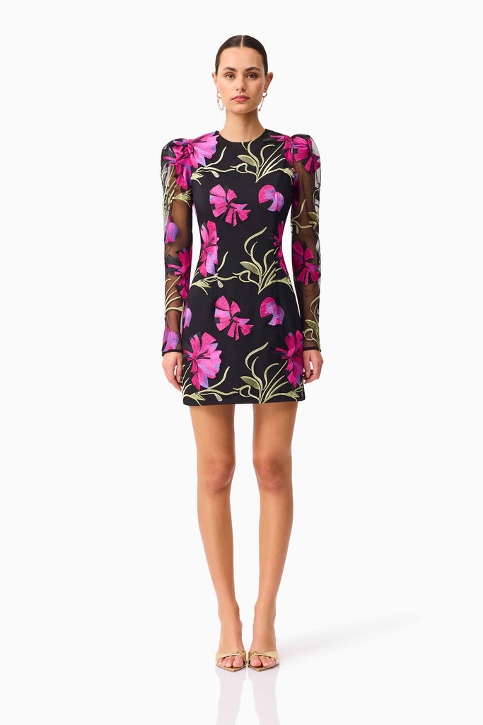 Amaya Long Sleeve Mini Dress in Black & Pink Floral