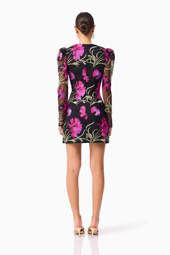 Amaya Long Sleeve Mini Dress in Black & Pink Floral