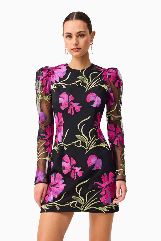 Amaya Long Sleeve Mini Dress in Black & Pink Floral