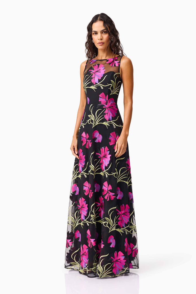 Amaya Gown in Black & Pink Floral