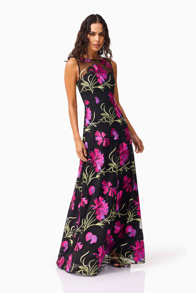 Amaya Gown in Black & Pink Floral