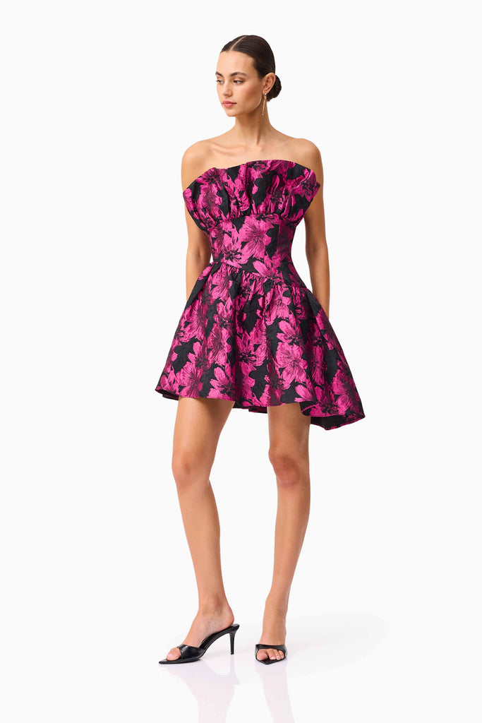 Holly Asymmetrical Mini Dress in Pink & Black Floral