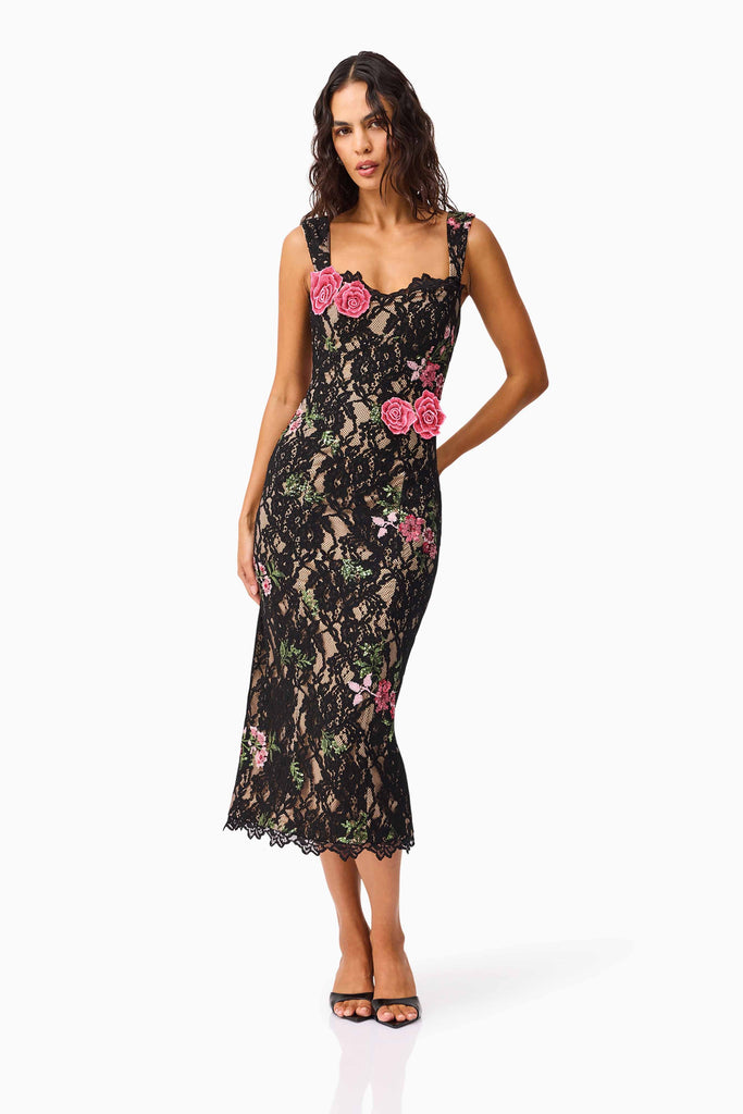 Morgaine Lace Midi Dress in Black